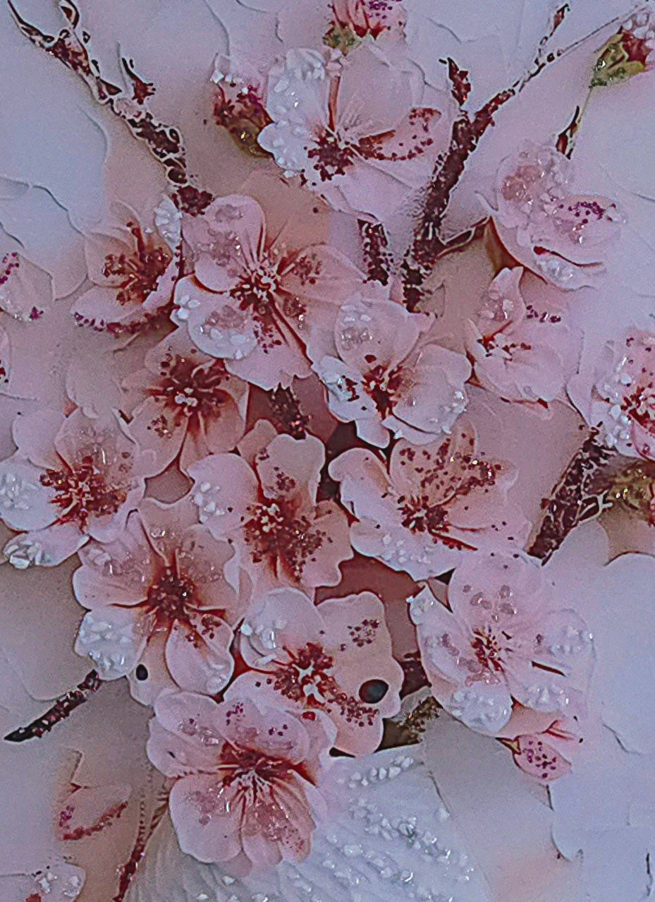 Closer view of the blush peonies, highlighting their layered texture, soft colour variations and hand-applied reflective details.