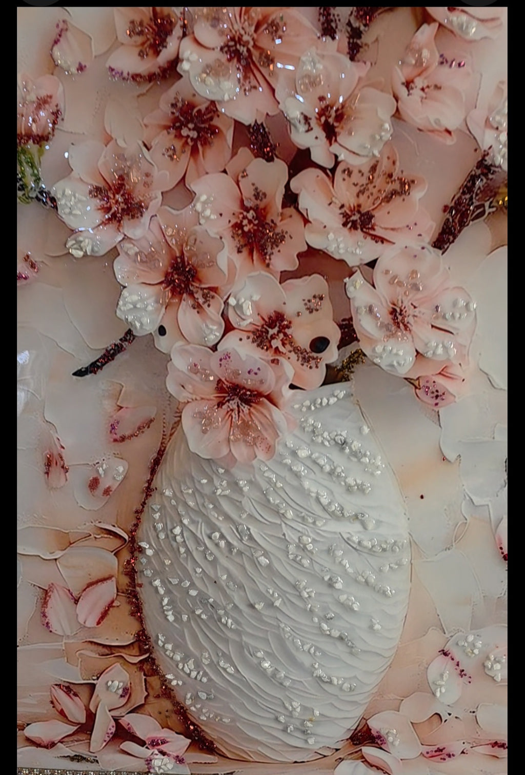 Closer look at the centre of Blush Peony Vase, highlighting the sculptural white vase, layered texture and delicate floral details surrounding it.