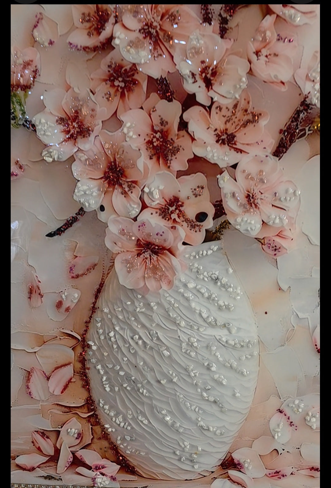 Closer look at the centre of Blush Peony Vase, highlighting the sculptural white vase, layered texture and delicate floral details surrounding it.