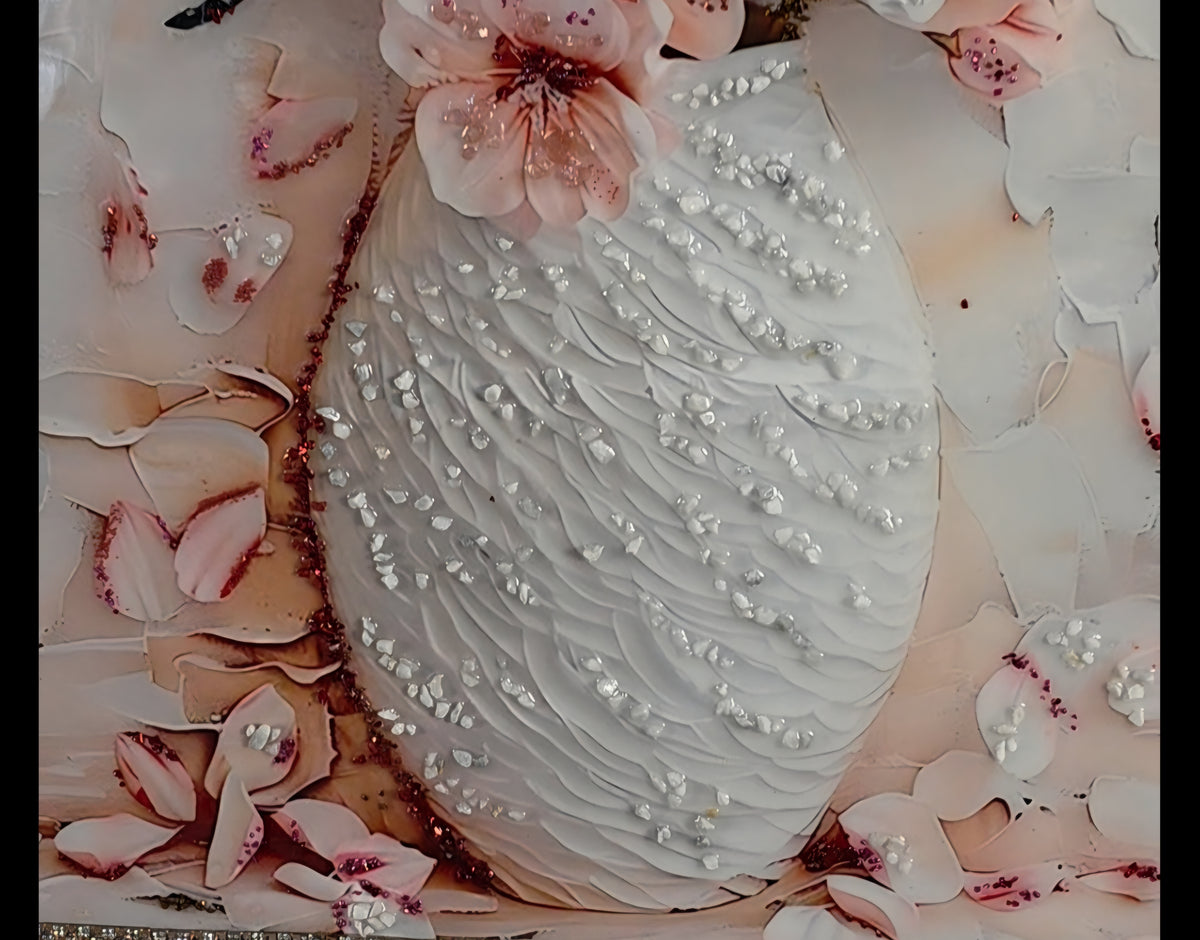 Full focus on the sculptural vase, embellished with white and grey textured elements that create a raised, almost three-dimensional effect, as though it is gently emerging from the artwork.