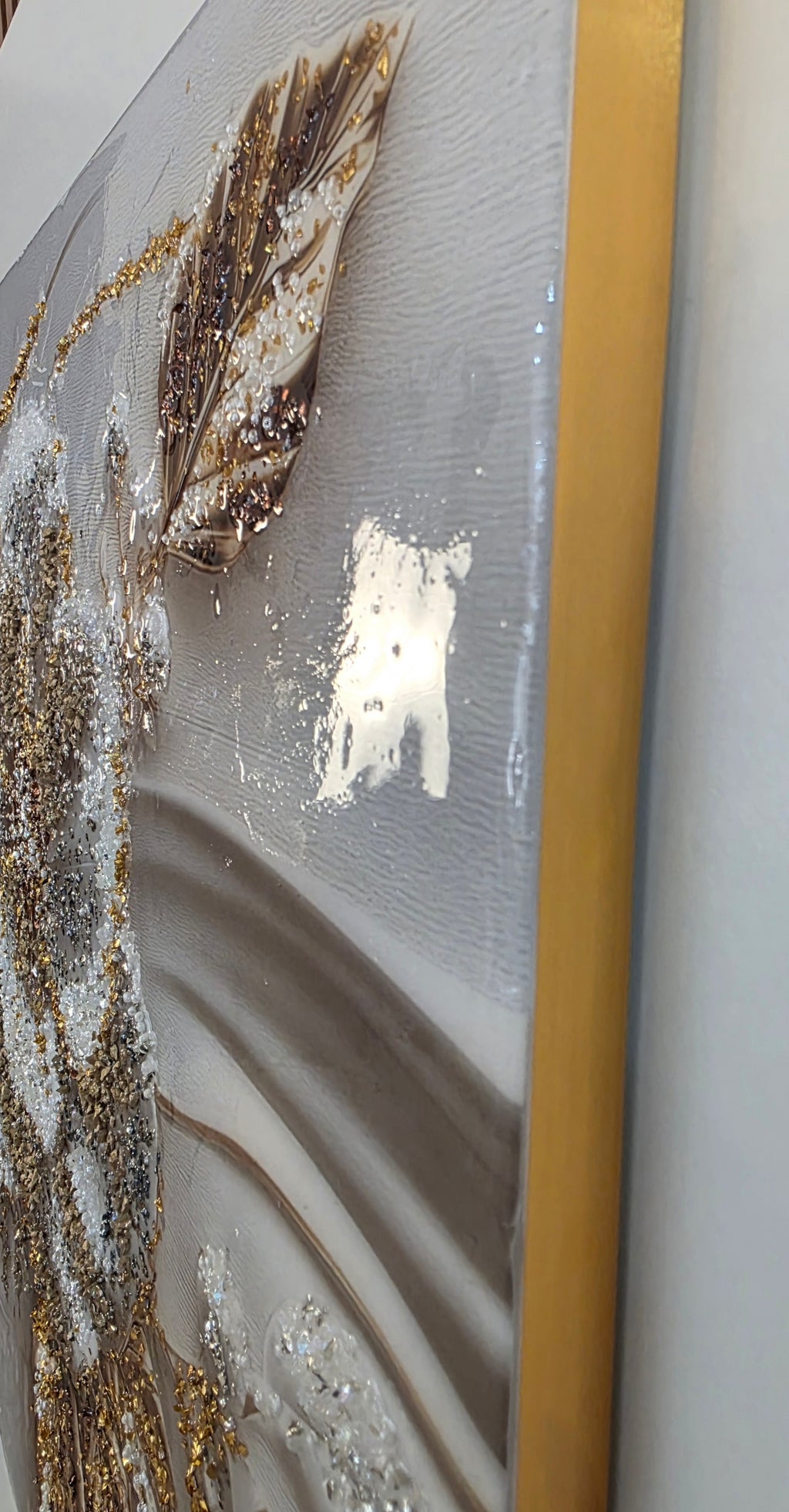 White and gold hibiscus wall art from Glow of Hibiscus with layered texture and reflective mixed-media embellishments.
