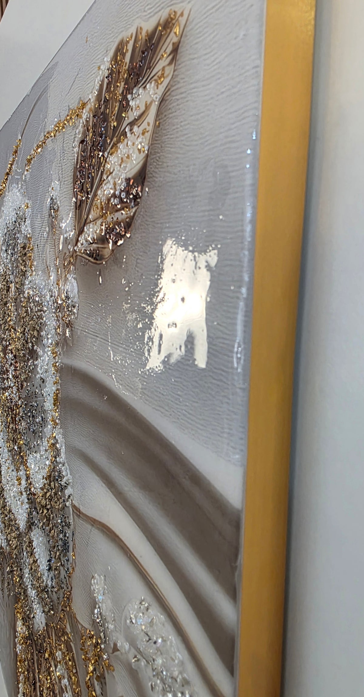 White and gold hibiscus wall art from Glow of Hibiscus with layered texture and reflective mixed-media embellishments.