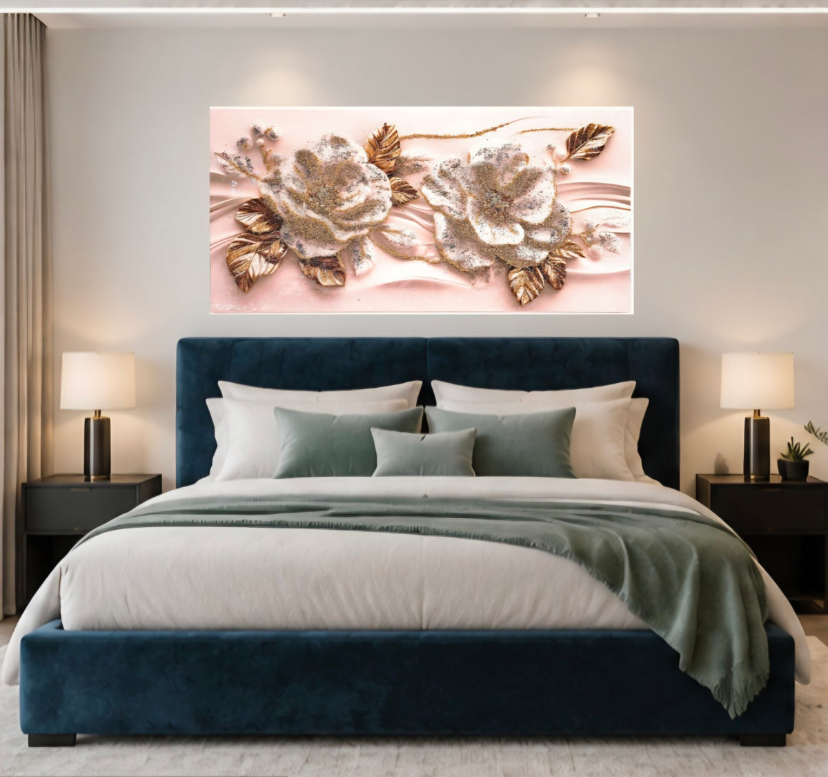 Glow of Hibiscus wall art displayed above a bed in a modern bedroom.
