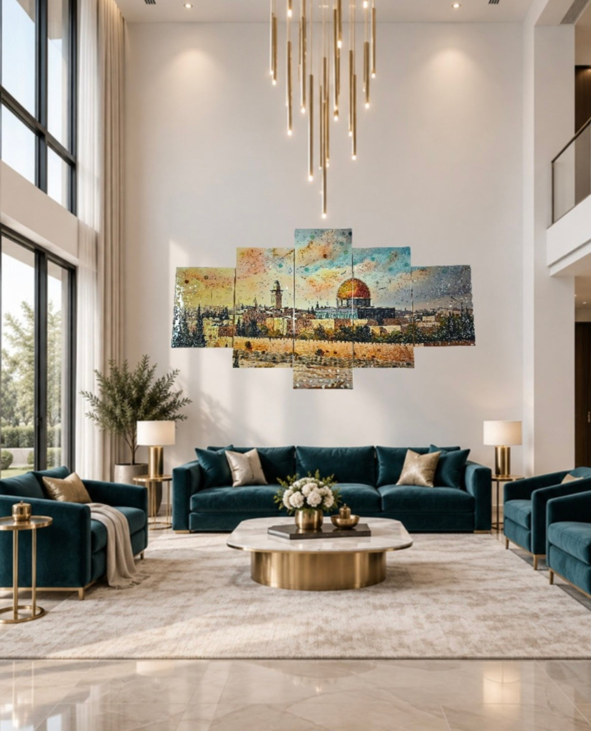 Golden Dome five-panel wall art displayed in a luxury living room.