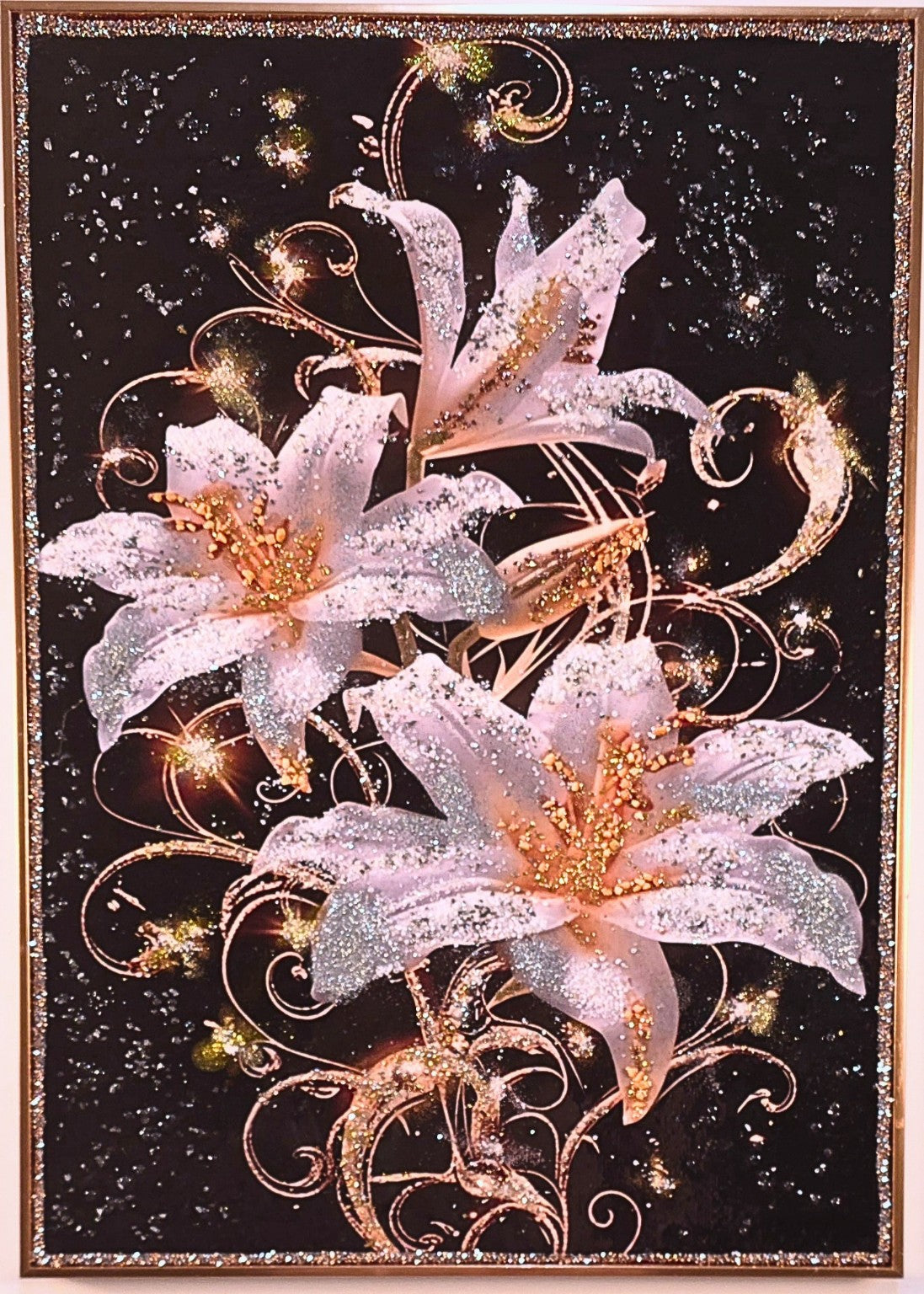 Lilies After Dark – handcrafted 50 × 70 cm framed wall art with three ivory lilies, gold and silver embellishments, and a deep black background.