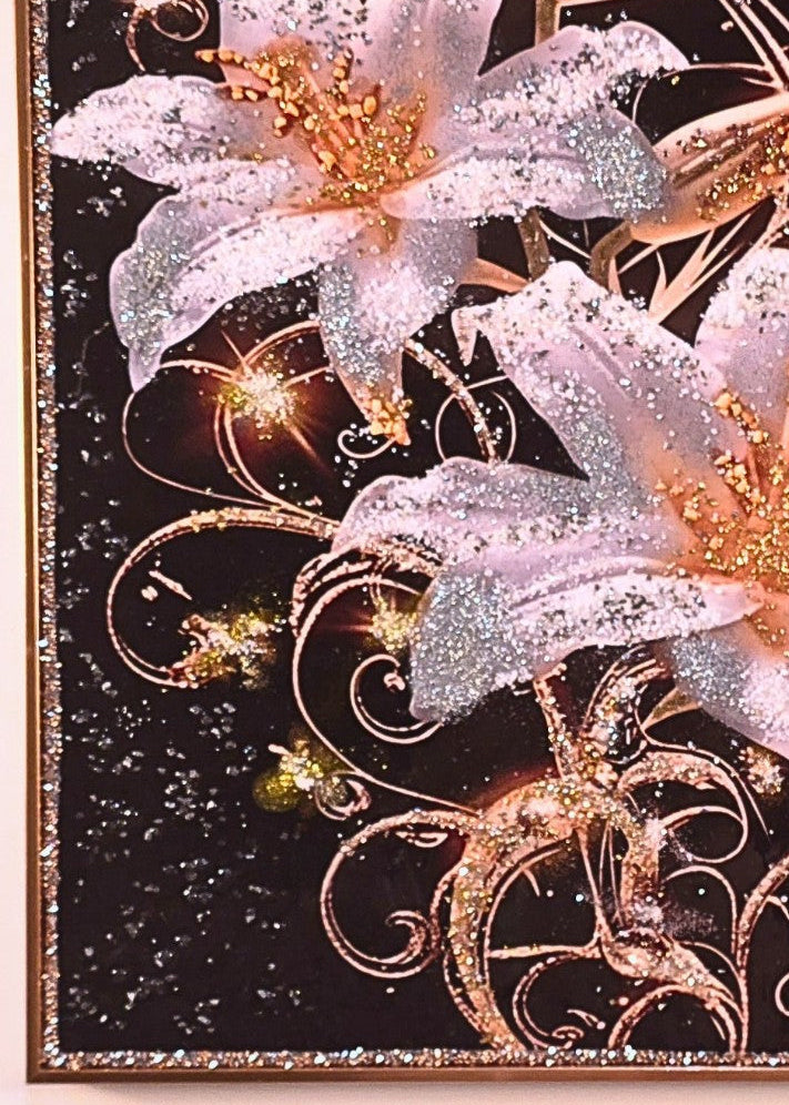 Lilies After Dark – handcrafted 50 × 70 cm floral wall art with three ivory lilies, gold and silver embellishments, and a gold wooden frame.
