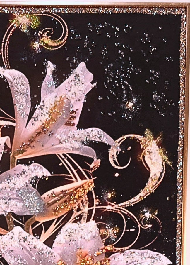 Lilies After Dark – handcrafted 50 × 70 cm framed floral wall art with three ivory lilies on a deep black background, finished with gold and silver embellishments.