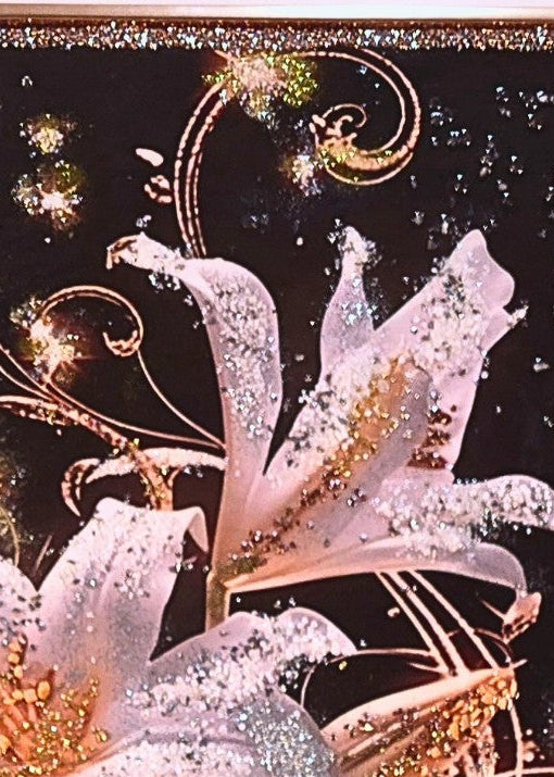 Lilies After Dark – handcrafted floral wall art with three ivory lilies, metallic gold and silver detailing, and a gold wooden frame.