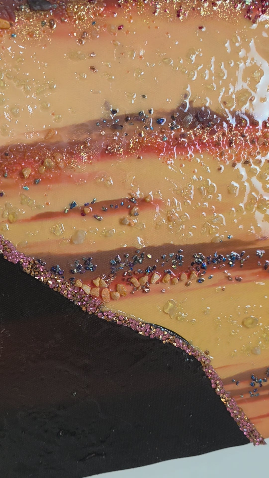 Detail video of panel 1, the far-left panel of Sunset in Our Hands, shown in balanced neutral lighting with its colours, texture and handcrafted embellishments.