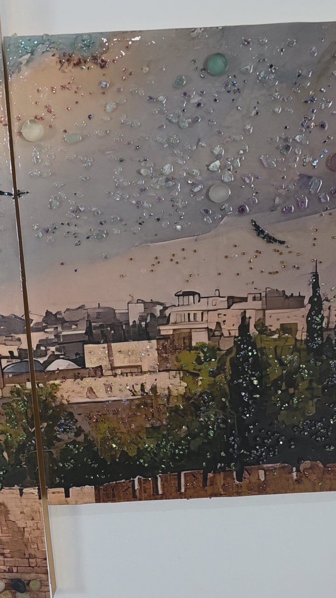 Slow-motion detailed video of Golden Dome Panel 1, the smallest panel on the far left of the five-panel artwork, showing its handcrafted mixed-media details.