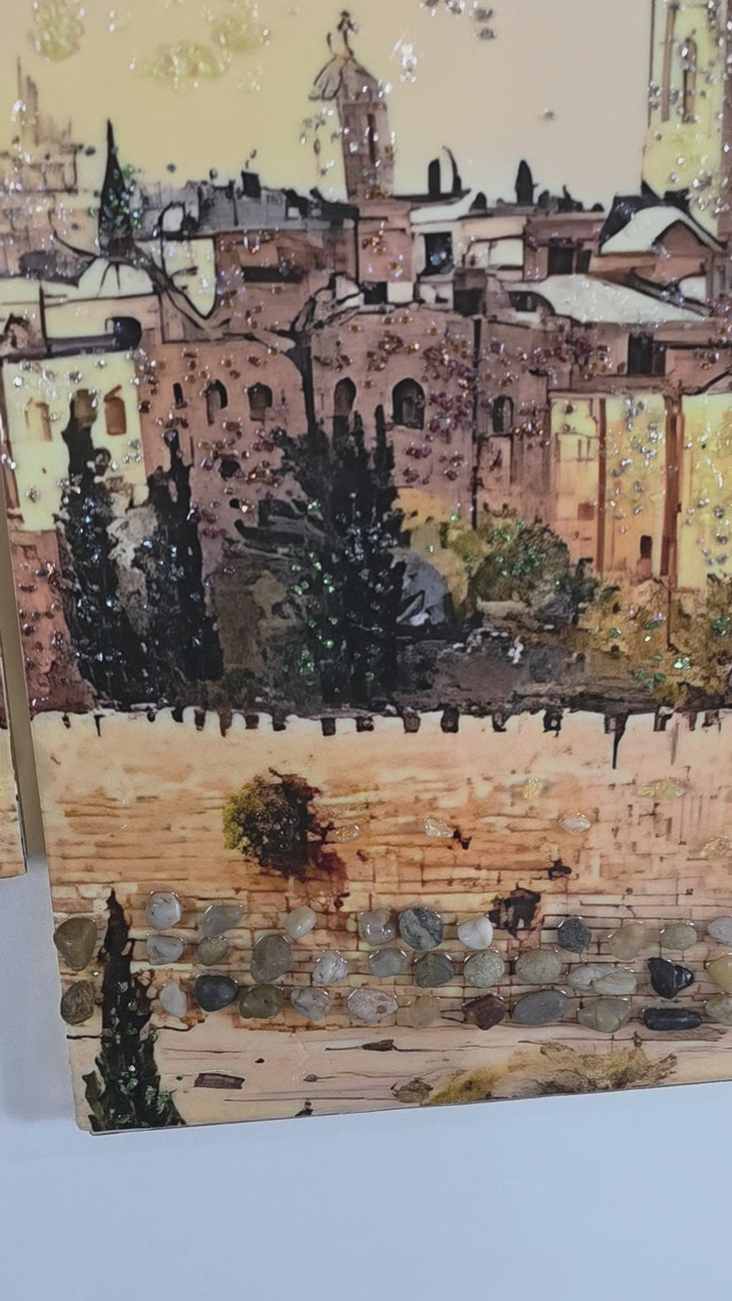 Slow-motion detailed video of Golden Dome Panel 4, the fourth panel from the left, showing its handcrafted mixed-media details and continuation of the Jerusalem scene.