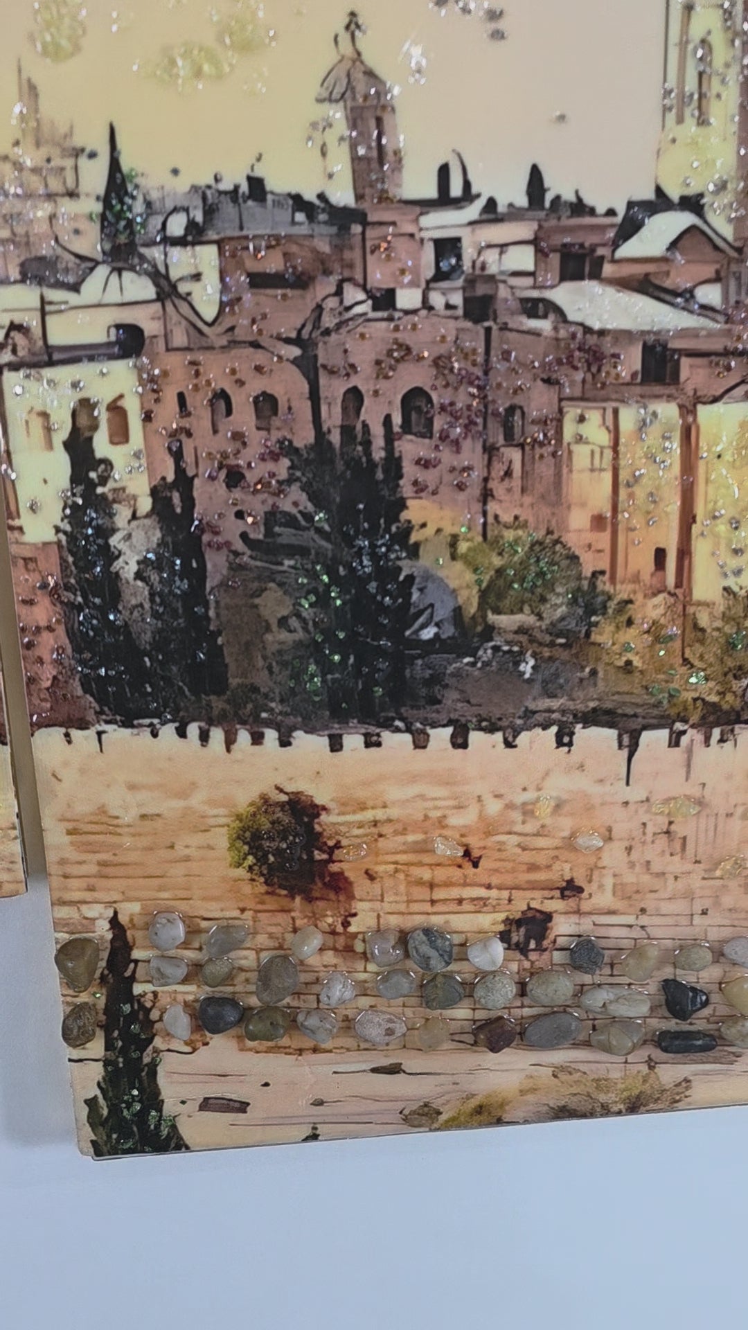 Slow-motion detailed video of Golden Dome Panel 4, the fourth panel from the left, showing its handcrafted mixed-media details and continuation of the Jerusalem scene.