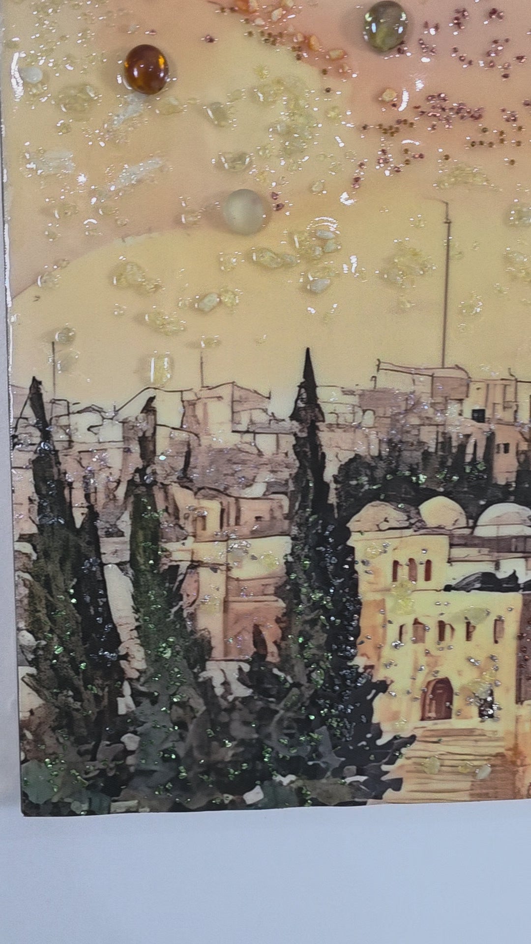 Slow-motion detailed video of Golden Dome Panel 5, the smallest panel on the far right of the five-panel artwork, showing its handcrafted mixed-media details.