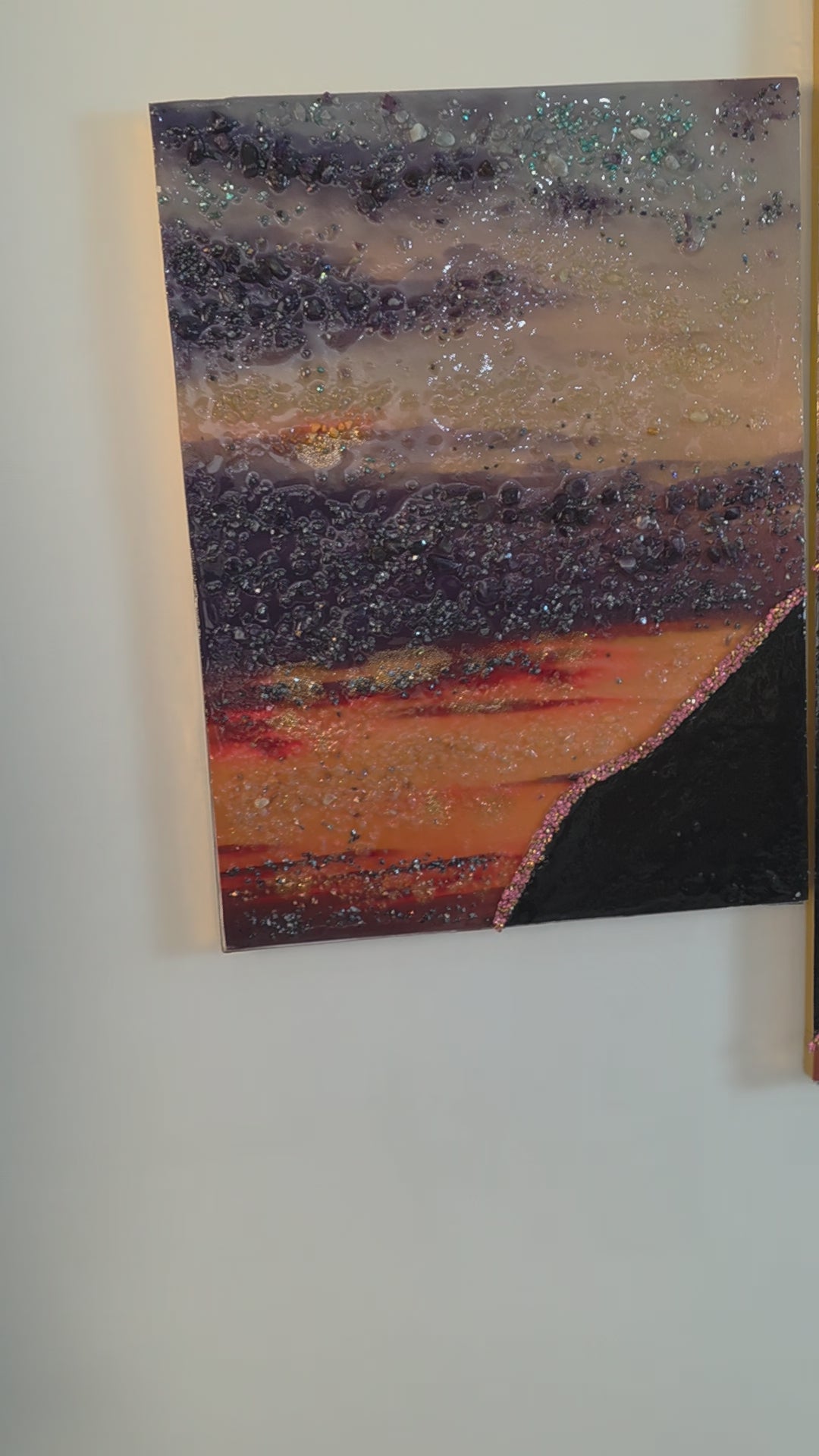 Detail video of panel 5, the far-right panel of Sunset in Our Hands, shown in balanced neutral lighting with its colours, texture and handcrafted embellishments.