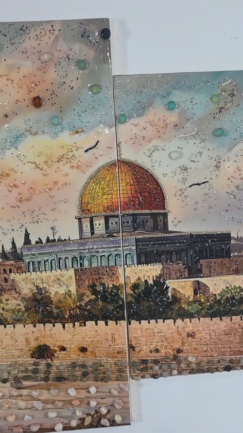 Slow-motion full view video of the complete Golden Dome five-panel mixed-media Jerusalem wall art, showing all five panels and the handcrafted dimensional details.