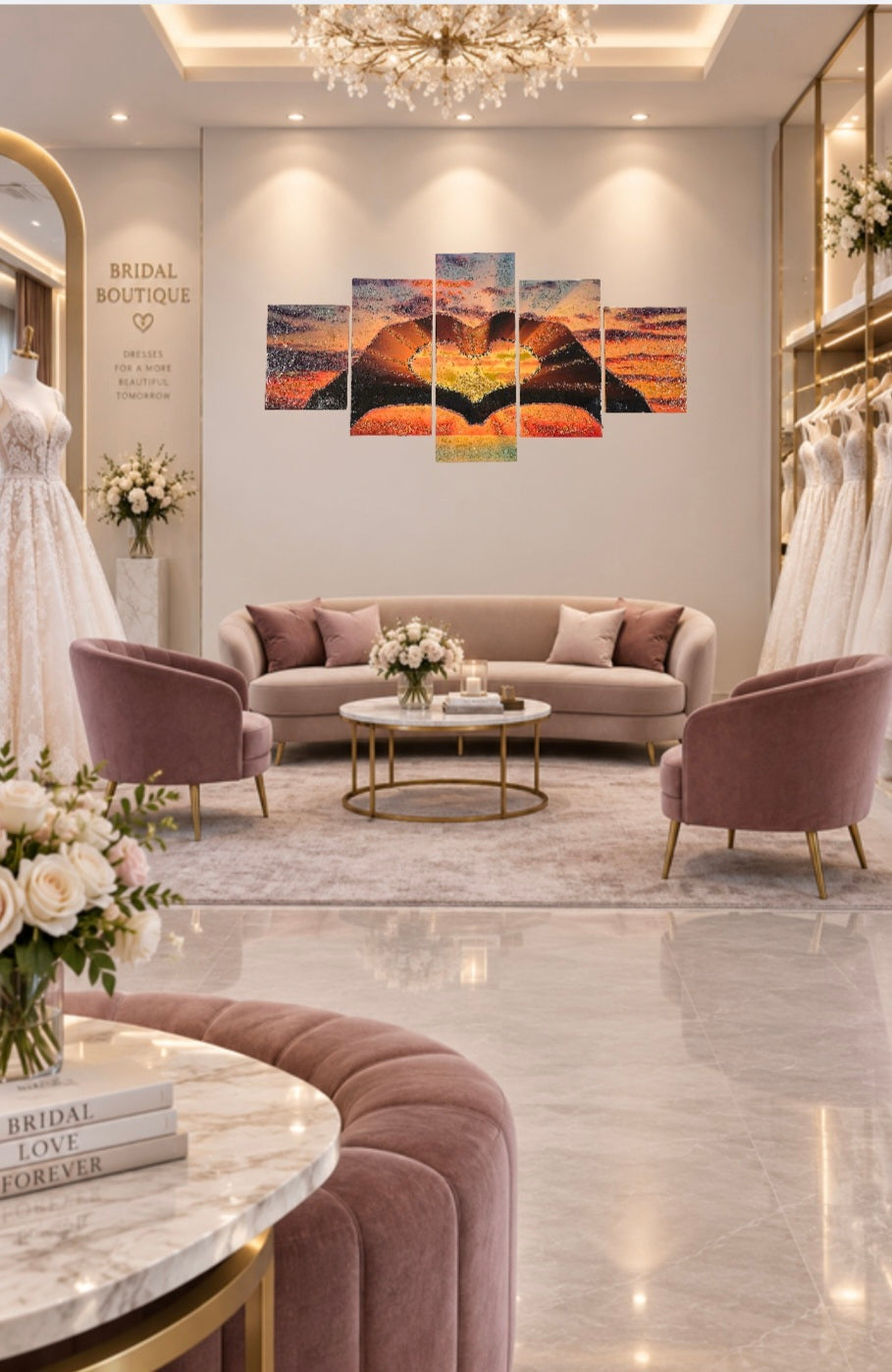 For a space made for beautiful moments, choose wall art with a story of its own. Sunset in Our Hands adds warmth, elegance and a subtle touch of romance to a bridal boutique.