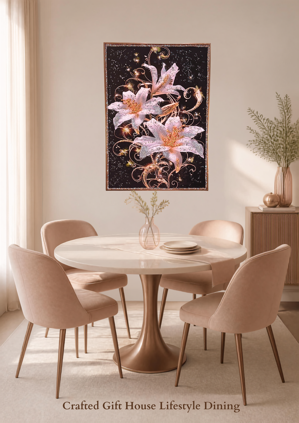 Lilies After Dark – styled interior view with the framed lily artwork.