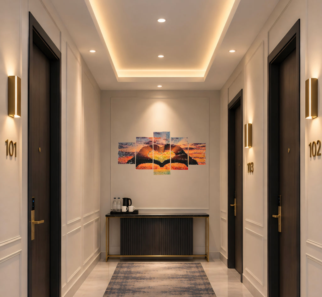 Even the spaces between destinations deserve character. Sunset in Our Hands brings warmth, light and a refined artistic touch to a hotel corridor.