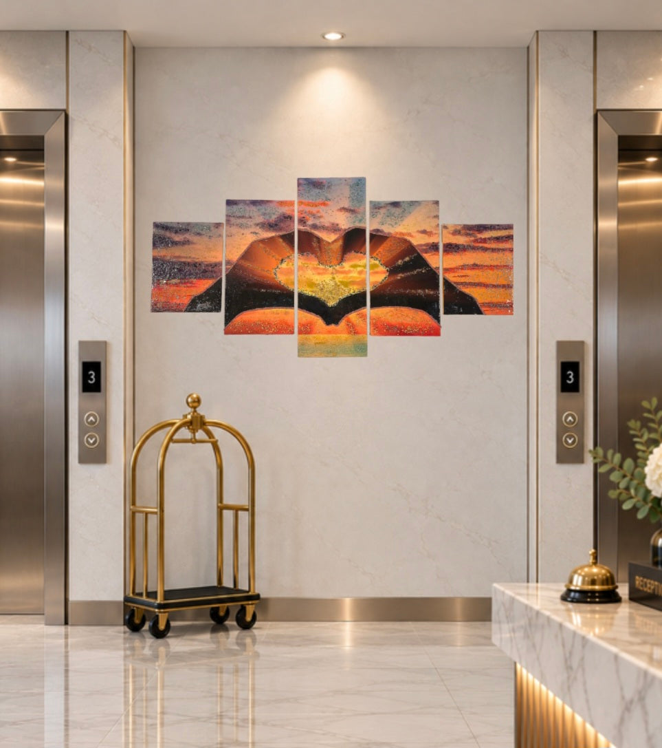 Make every arrival feel more welcoming. Sunset in Our Hands turns an elevator or lobby area into a warm, elegant focal point that guests can notice and enjoy.