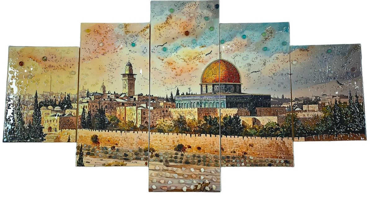 Golden Dome five-panel Jerusalem sunset mixed-media wall art