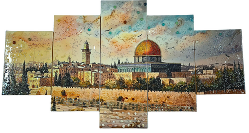 Golden Dome five-panel Jerusalem sunset mixed-media wall art