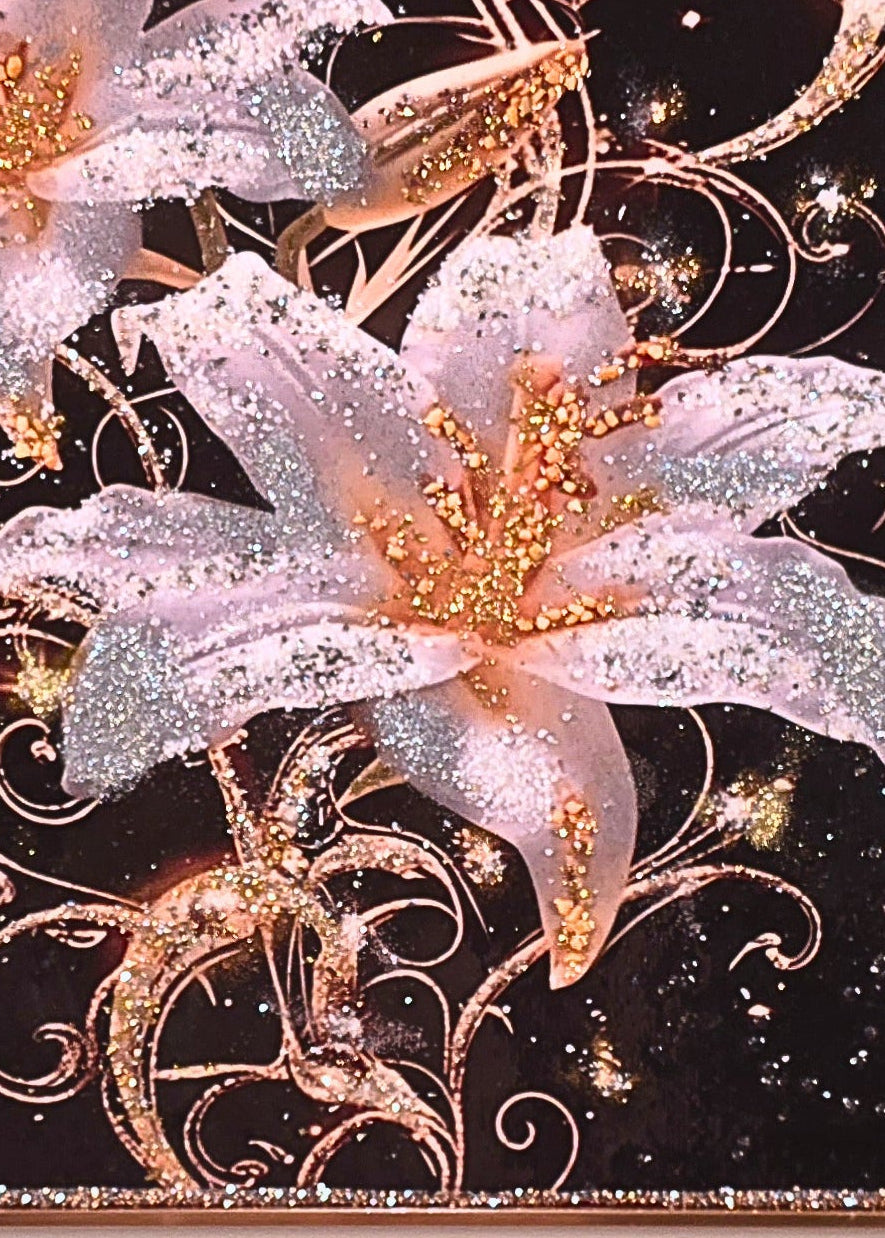 Lilies After Dark – close-up view of the framed floral artwork.