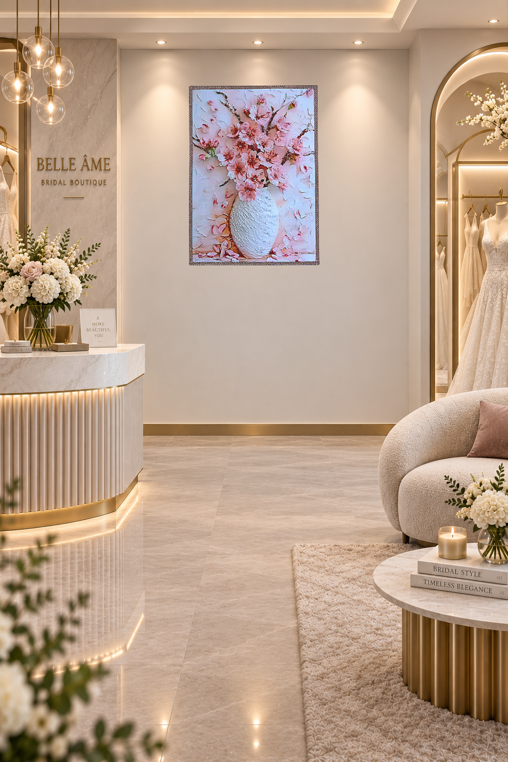 Blush Peony Vase displayed in a bridal boutique, where the romantic blush florals and delicate sparkle complement the soft, elegant atmosphere beautifully.
