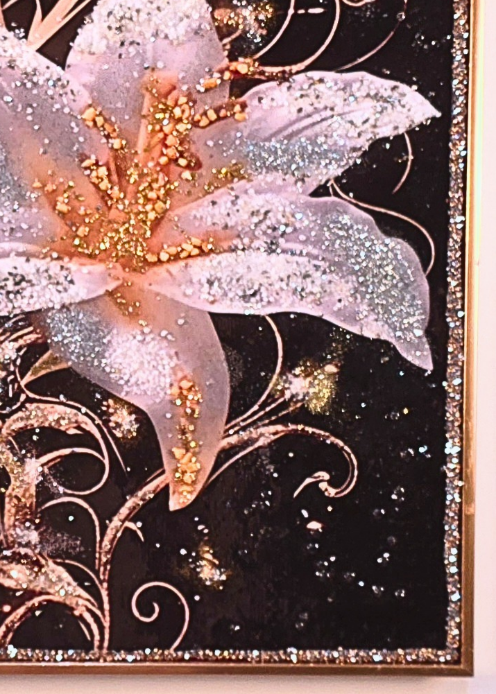 Lilies After Dark – close-up detail of the gold wooden frame.