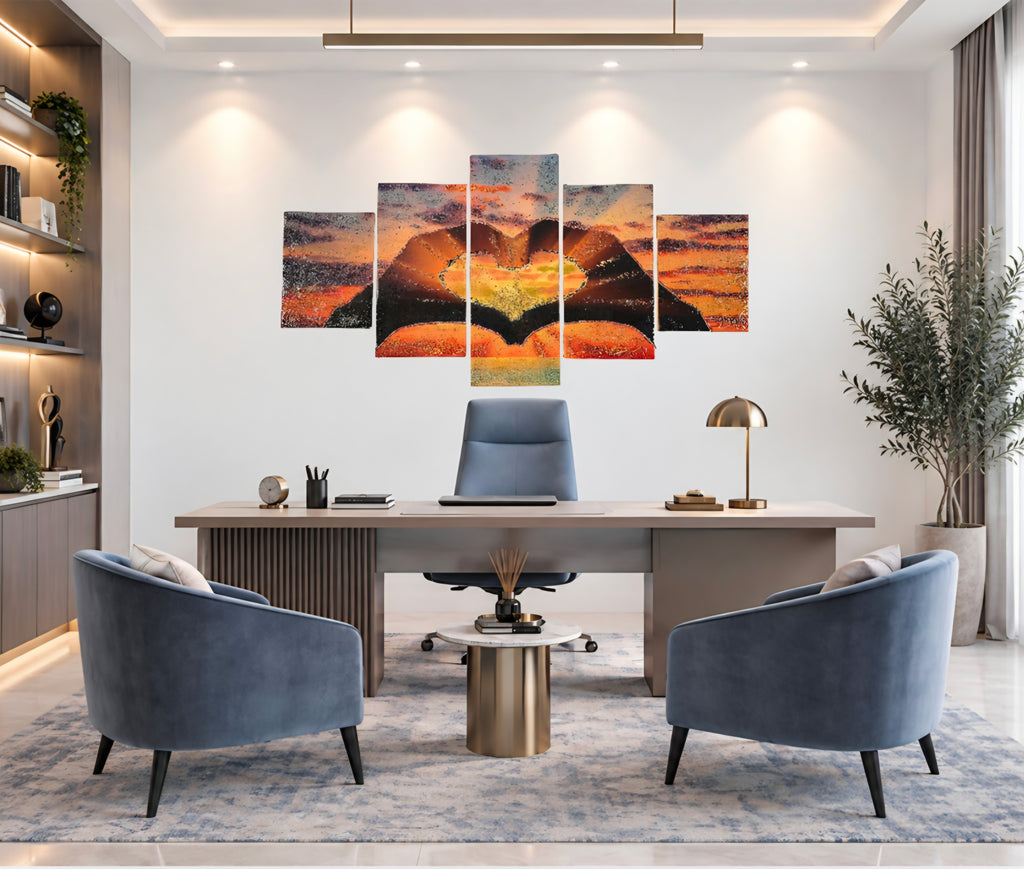 Looking for wall art that gives your office more warmth and character? Sunset in Our Hands creates a calm, refined focal point that makes the space feel considered and welcoming.