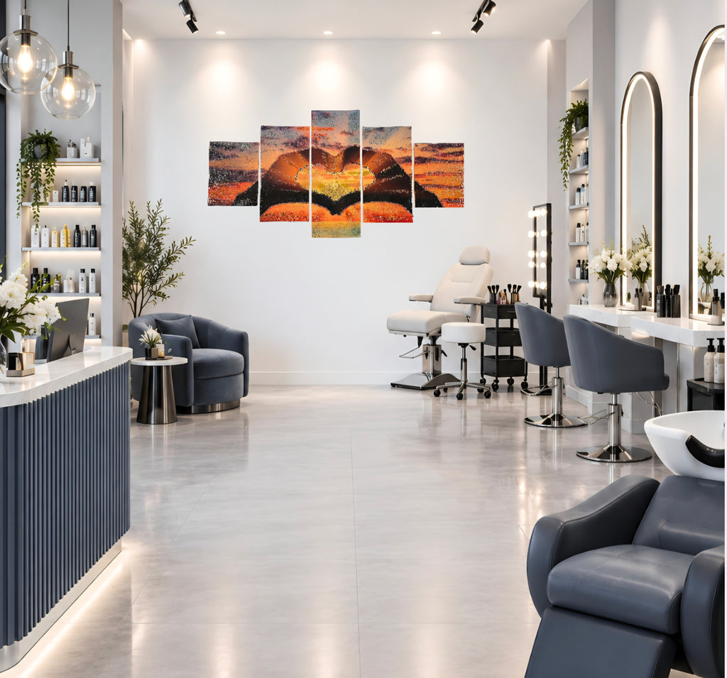 If your salon is designed for ladies, what better finishing touch than a one-of-a-kind artwork? Sunset in Our Hands brings warmth, elegance and an uplifting glow to the space.