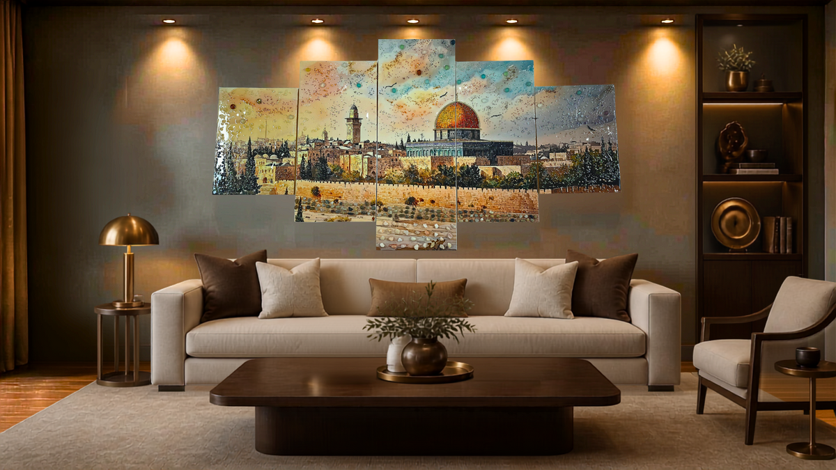 Golden Dome five-panel Jerusalem sunset mixed-media wall art — view 13