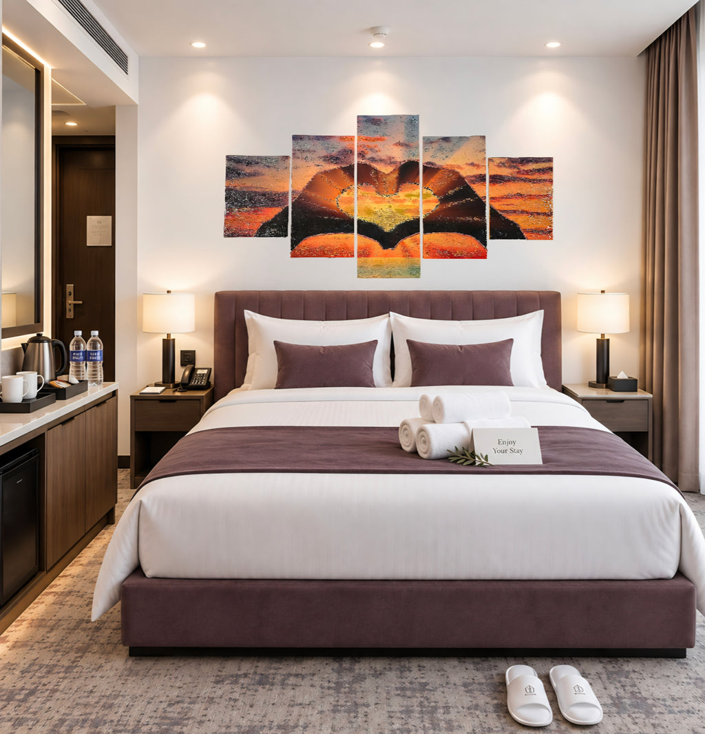Give your guests more than a beautiful room. Sunset in Our Hands adds warmth, character and a memorable handcrafted focal point that makes a hotel stay feel more considered.