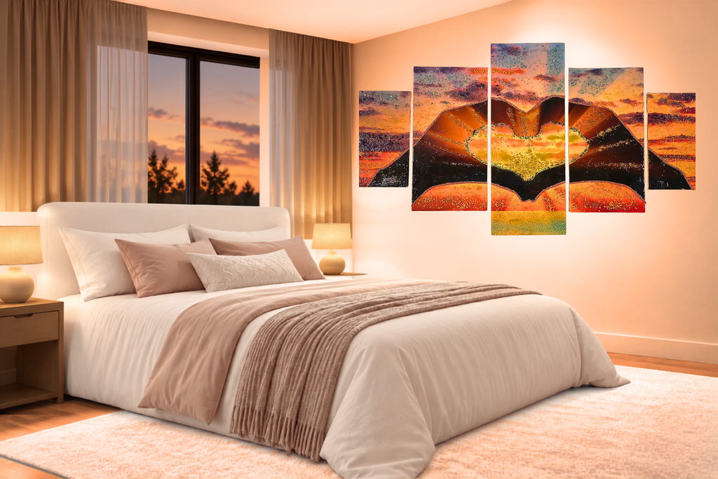 Turn your bedroom into a warmer, more inviting retreat with Sunset in Our Hands — a one-of-a-kind artwork that brings light, depth and a gentle sense of calm to the room.