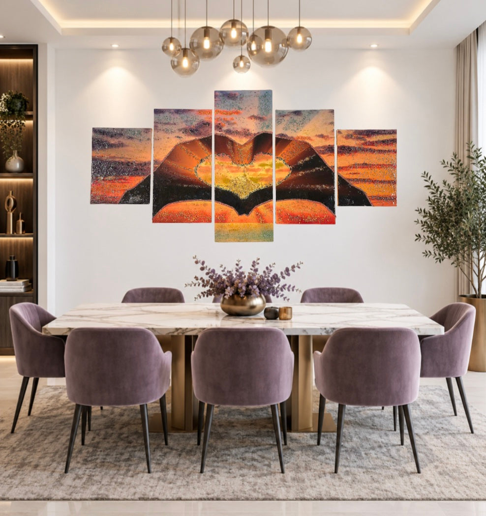 Sunset in Our Hands five-panel glowing hands mixed-media wall art — view 6