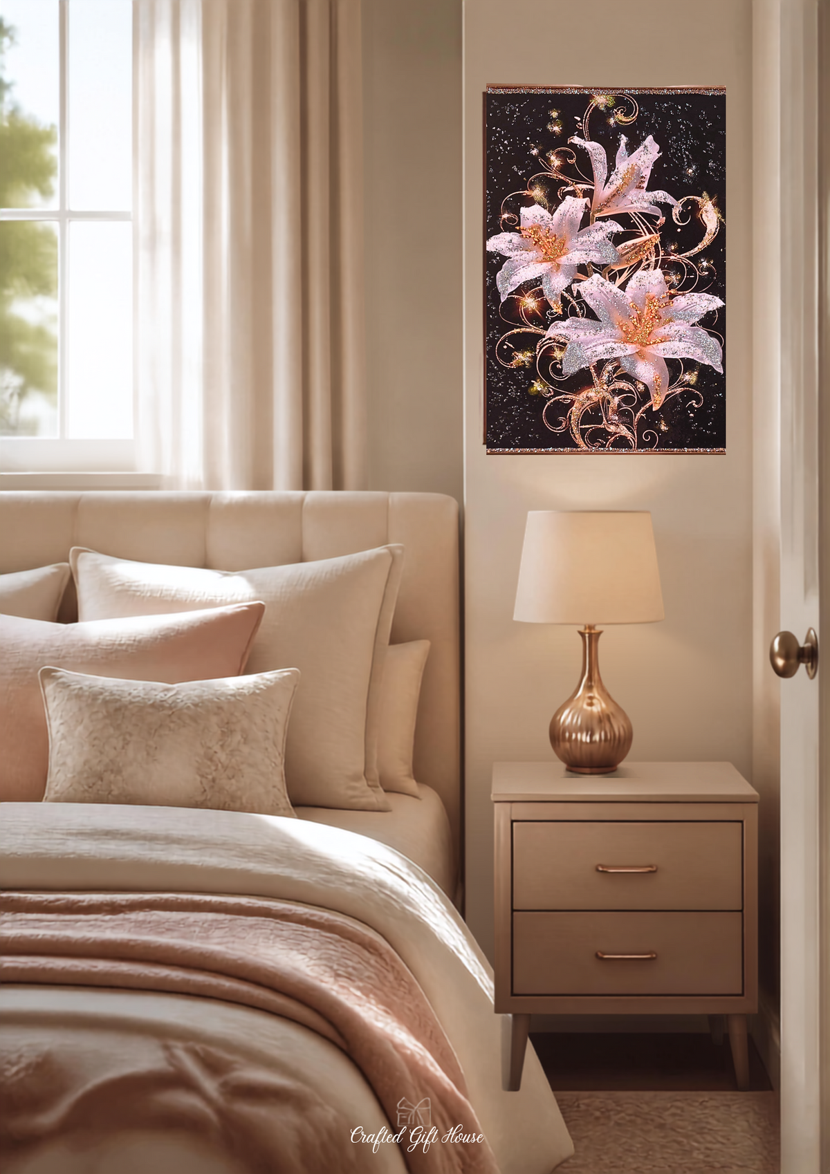 Lilies After Dark – framed floral artwork shown in a styled home interior.
