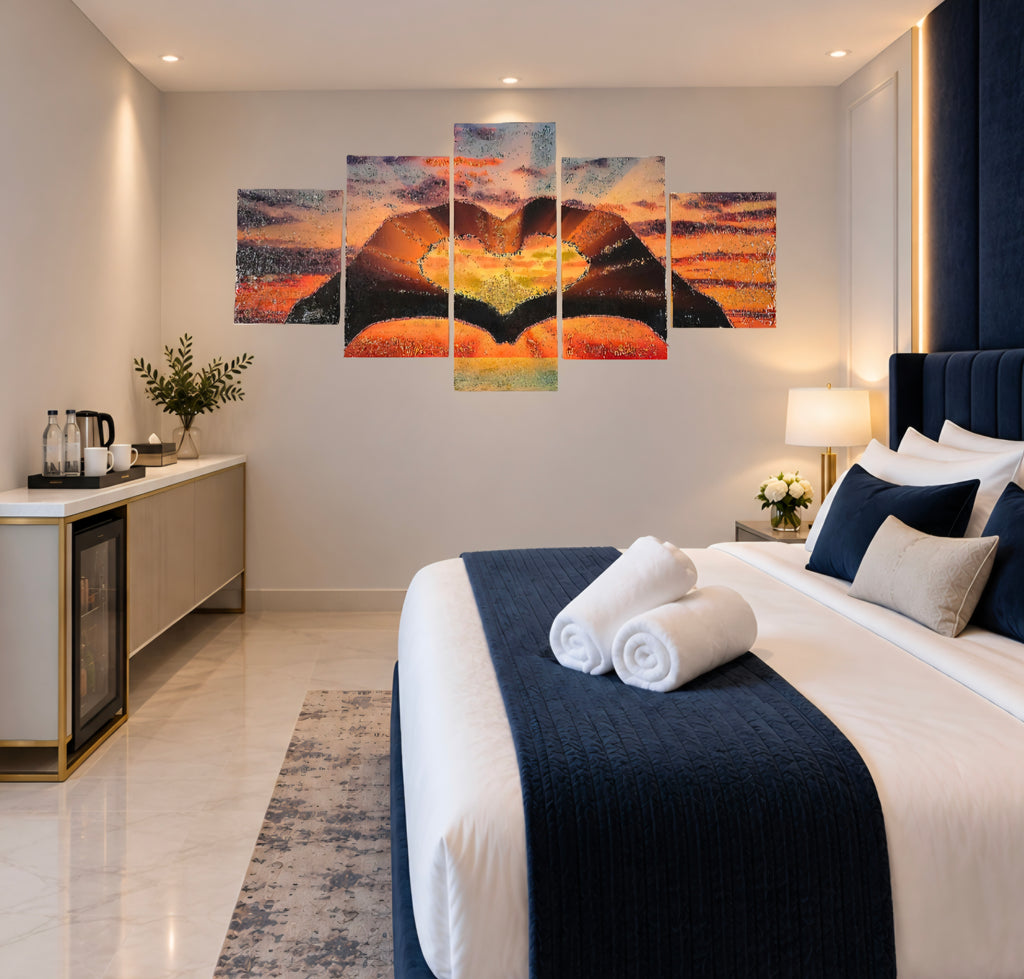Create a hotel room guests remember with wall art that feels warm, distinctive and thoughtfully chosen. Sunset in Our Hands adds depth, light and handcrafted character to the space.