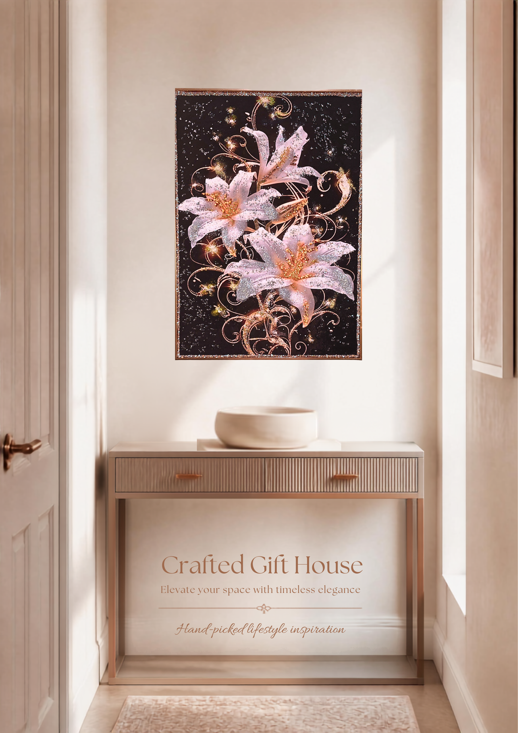 Lilies After Dark – interior room view featuring the gold-framed artwork.