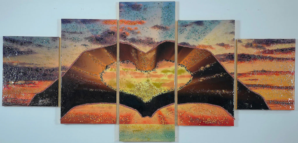 Sunset in Our Hands five-panel wall art shown in white lighting, revealing the colours, resin finish and handcrafted details across all five panels.