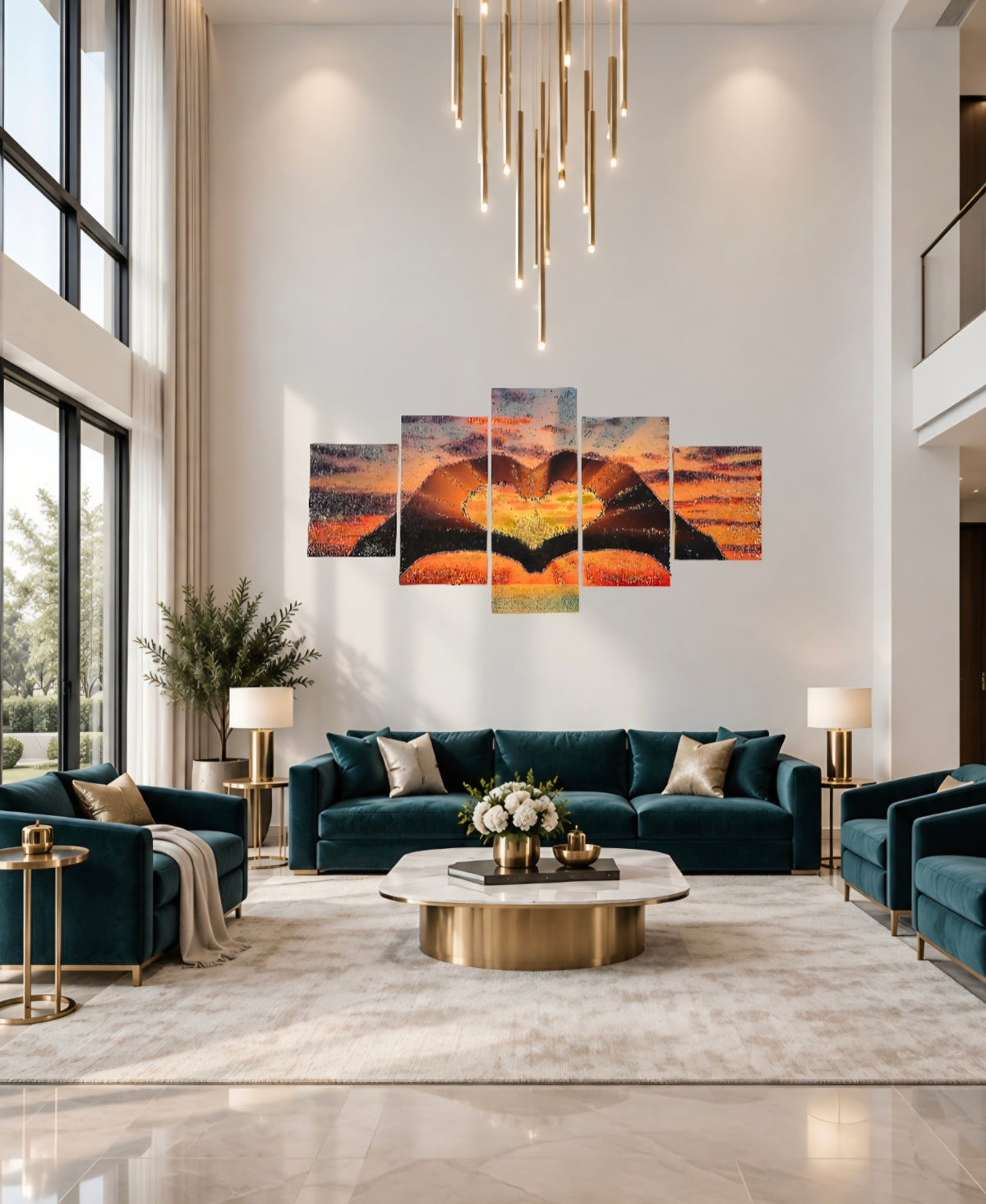 Sunset in Our Hands five-panel wall art displayed in a modern living room.