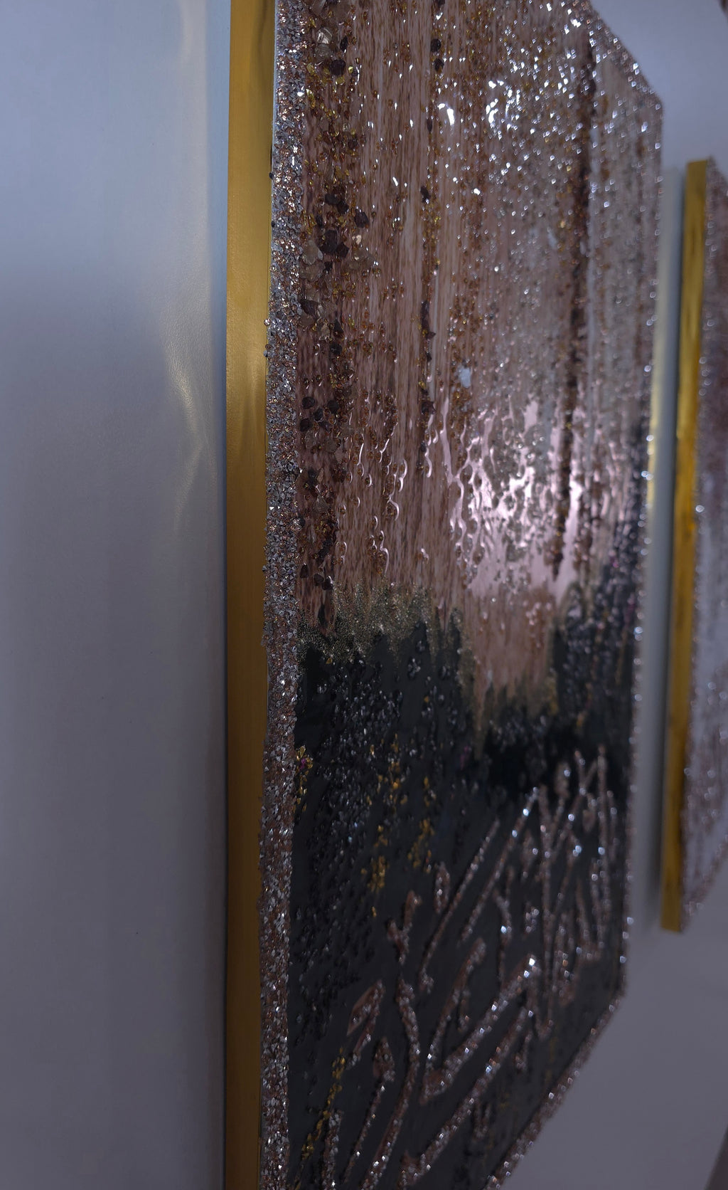 Three-panel Tasabeeh Collection II wall art combining Arabic calligraphy with shimmering resin, stones and coloured glass.