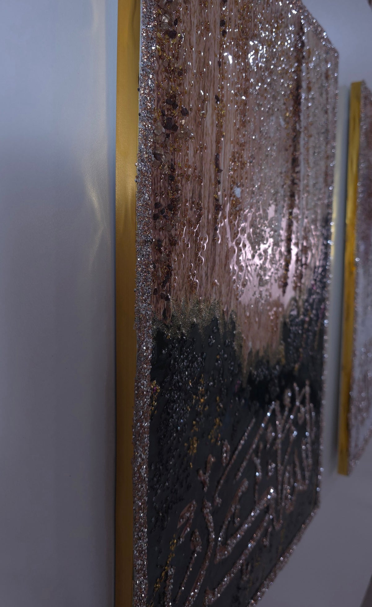 Three-panel Tasabeeh Collection II wall art combining Arabic calligraphy with shimmering resin, stones and coloured glass.