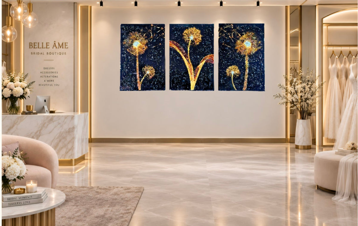 Whispers in the Wind triptych displayed in a luxury bridal boutique.