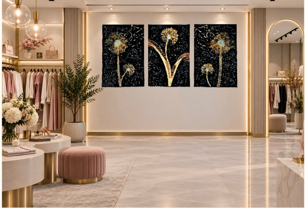 Whispers in the Wind triptych displayed in an elegant fashion boutique.