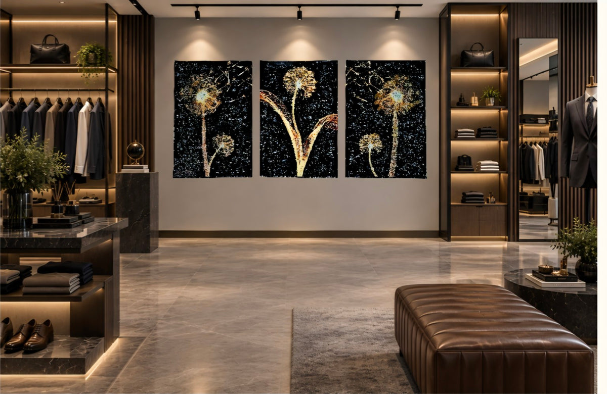 Whispers in the Wind triptych displayed in a luxury menswear boutique.