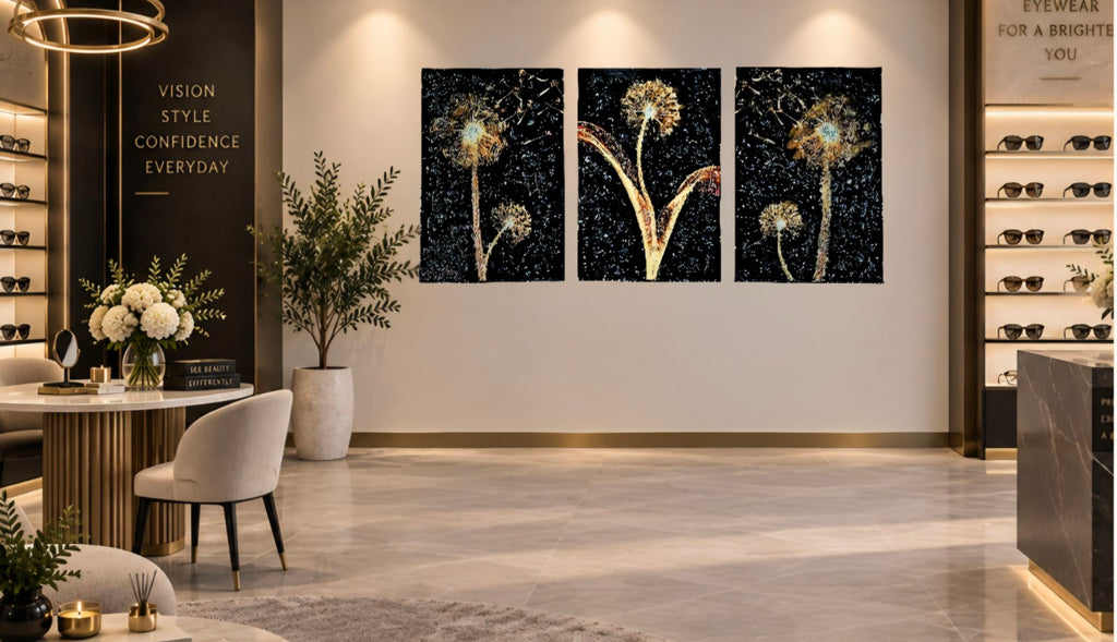 Whispers in the Wind triptych displayed in an elegant eyewear boutique.
