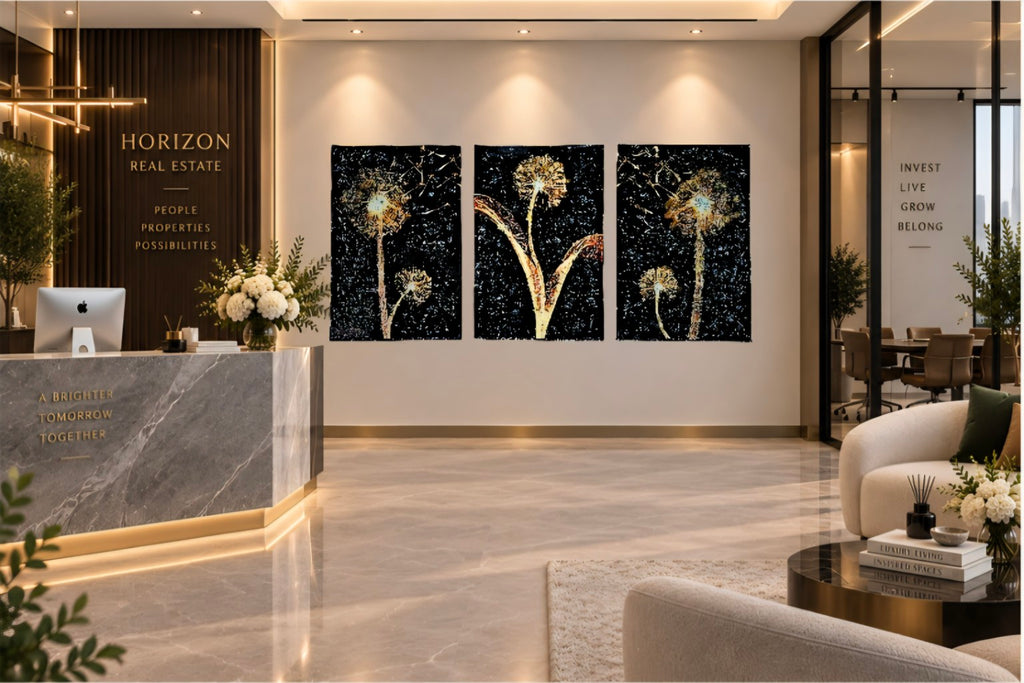 Whispers in the Wind triptych displayed in a luxury real estate office reception.
